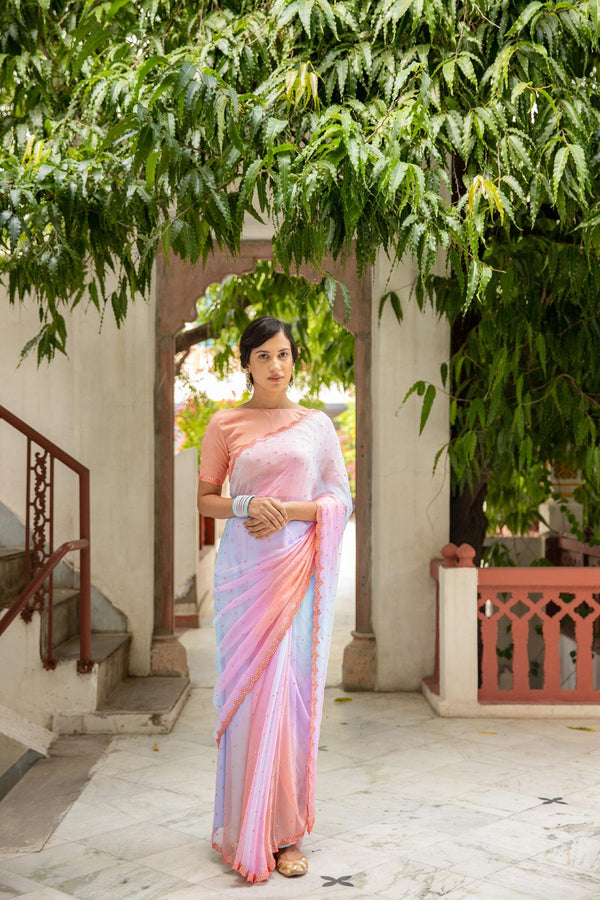 Multicolor Mirror Work Hand Embroidered Chiffon Saree - Geroo Jaipur
