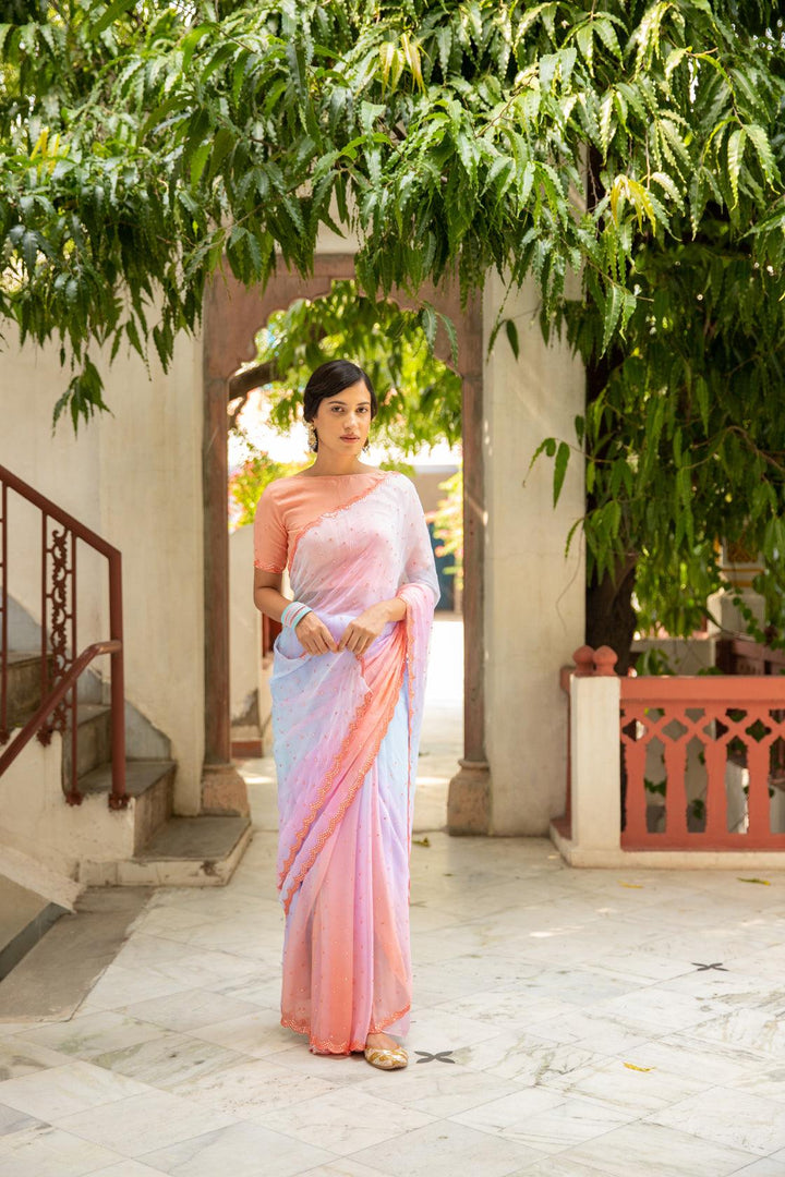 Multicolor Mirror Work Hand Embroidered Chiffon Saree - Geroo Jaipur