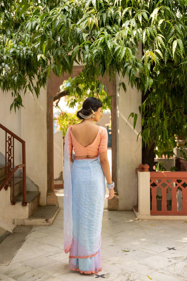 Multicolor Mirror Work Hand Embroidered Chiffon Saree - Geroo Jaipur