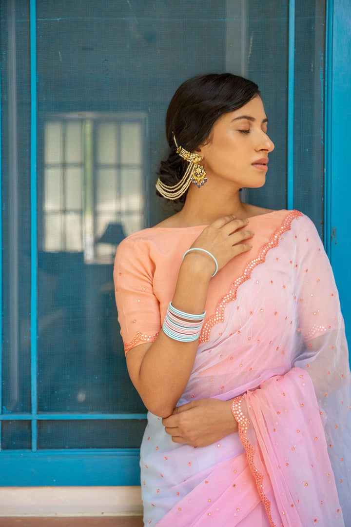 Multicolor Mirror Work Hand Embroidered Chiffon Saree - Geroo Jaipur