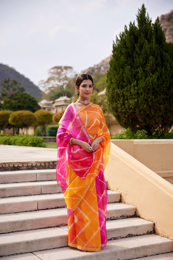 Multicolor Pure Kota Silk Hand Dyed Leheriya Saree - Geroo Jaipur