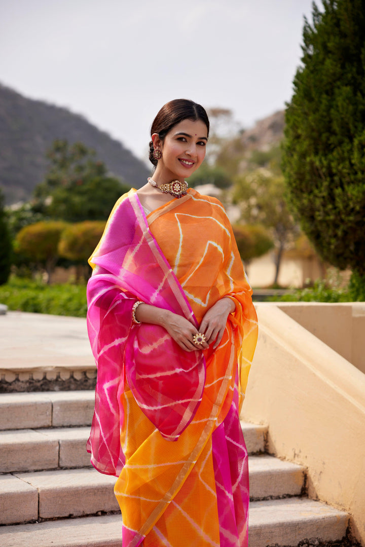 Multicolor Pure Kota Silk Hand Dyed Leheriya Saree - Geroo Jaipur