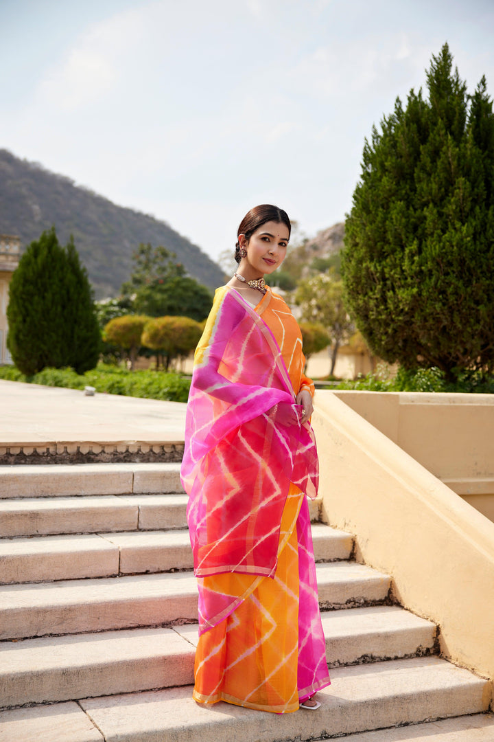 Multicolor Pure Kota Silk Hand Dyed Leheriya Saree - Geroo Jaipur