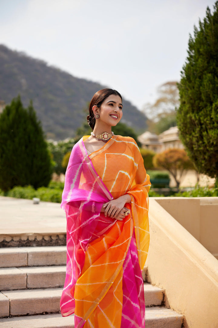 Multicolor Pure Kota Silk Hand Dyed Leheriya Saree - Geroo Jaipur