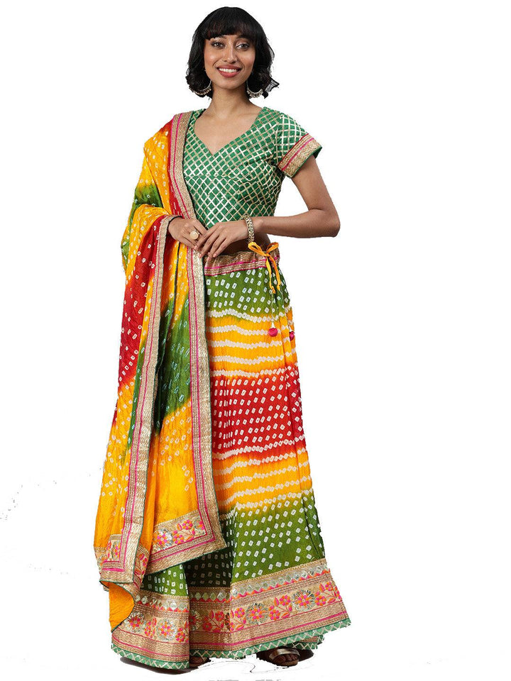 Multicolored Handcrafted Gota Patti Bandhani Lehenga Set - Geroo Jaipur