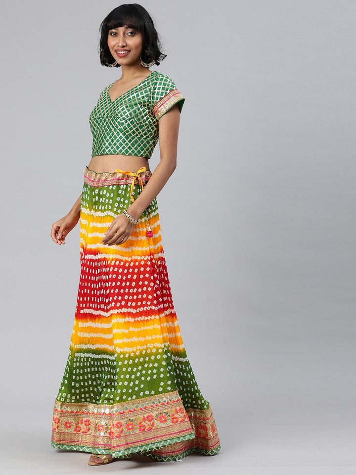 Multicolored Handcrafted Gota Patti Bandhani Lehenga Set - Geroo Jaipur