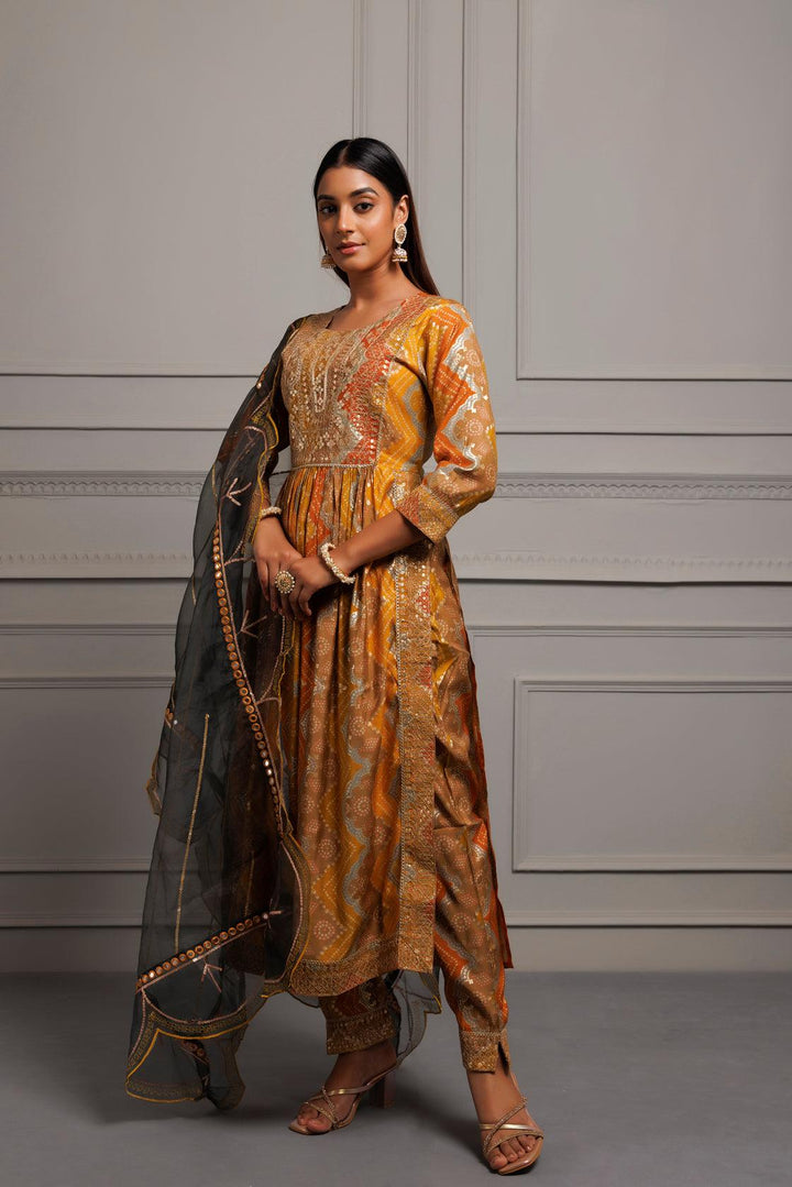 Mustard Yellow Silk Embroidered Bandhani Suit Set With Organza Dupatta - Geroo Jaipur