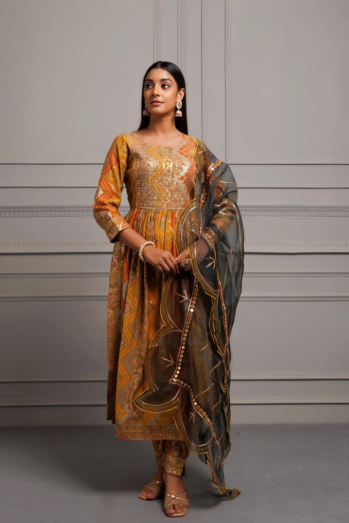 Mustard Yellow Silk Embroidered Bandhani Suit Set With Organza Dupatta - Geroo Jaipur