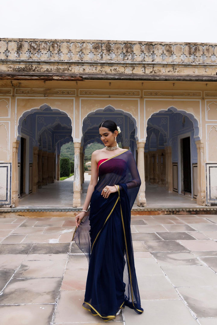 Navy Blue Hand Dyed Plain Chiffon Saree With Jacquard Blouse - Geroo Jaipur