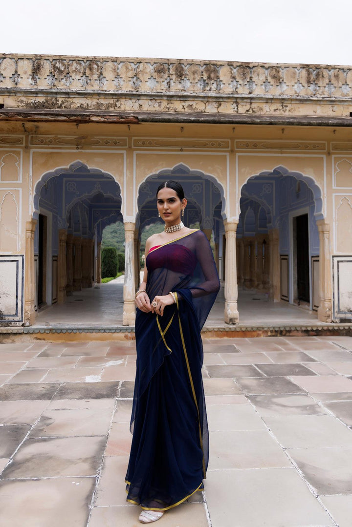 Navy Blue Hand Dyed Plain Chiffon Saree With Jacquard Blouse - Geroo Jaipur