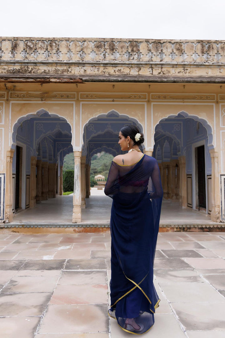 Navy Blue Hand Dyed Plain Chiffon Saree With Jacquard Blouse - Geroo Jaipur