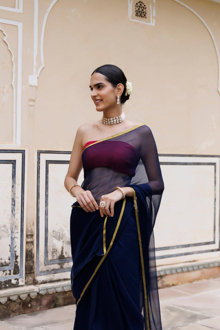 Navy Blue Hand Dyed Plain Chiffon Saree With Jacquard Blouse - Geroo Jaipur