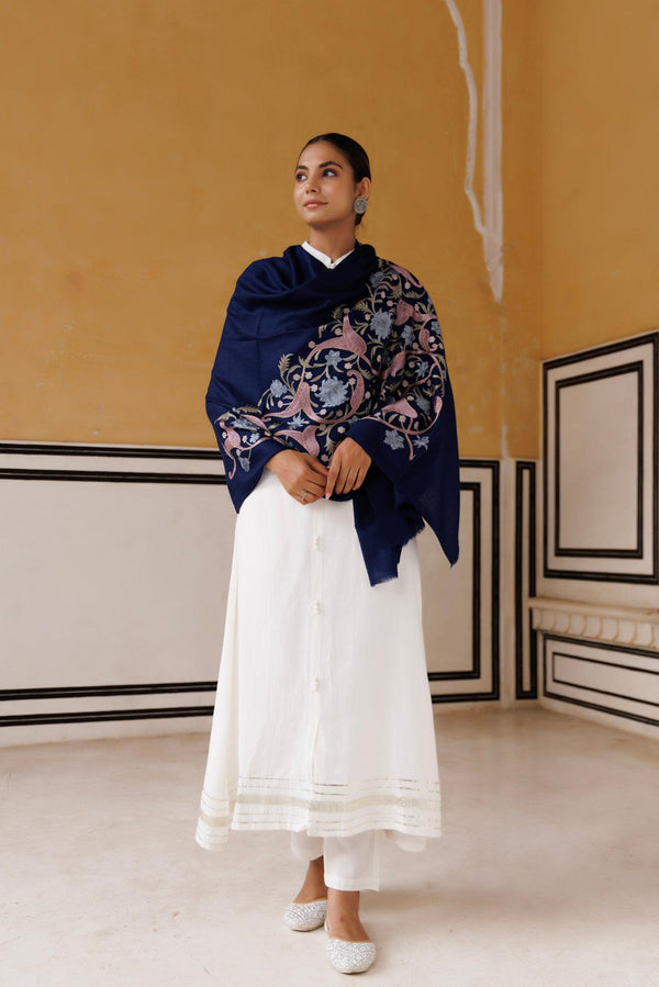 Navy Blue kashmiri hand embroidered woolen shawl - Geroo Jaipur