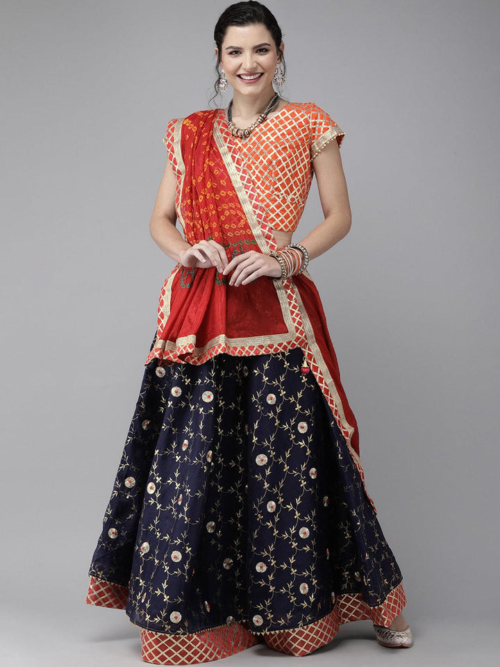 Navy Blue Stitched Handcrafted Kota Silk Lehenga With Red Bandhani Dupatta - Geroo Jaipur