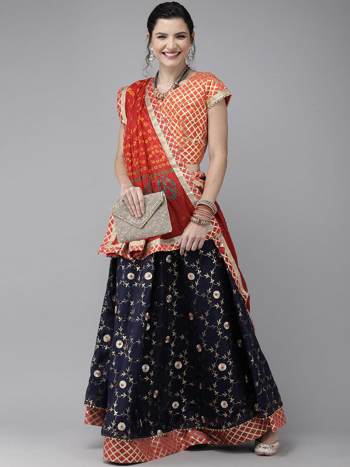 Navy Blue Stitched Handcrafted Kota Silk Lehenga With Red Bandhani Dupatta - Geroo Jaipur