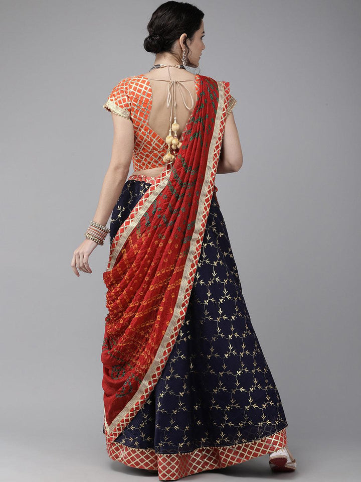 Navy Blue Stitched Handcrafted Kota Silk Lehenga With Red Bandhani Dupatta - Geroo Jaipur