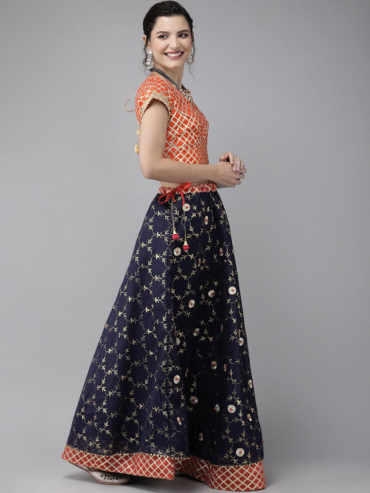 Navy Blue Stitched Handcrafted Kota Silk Lehenga With Red Bandhani Dupatta - Geroo Jaipur