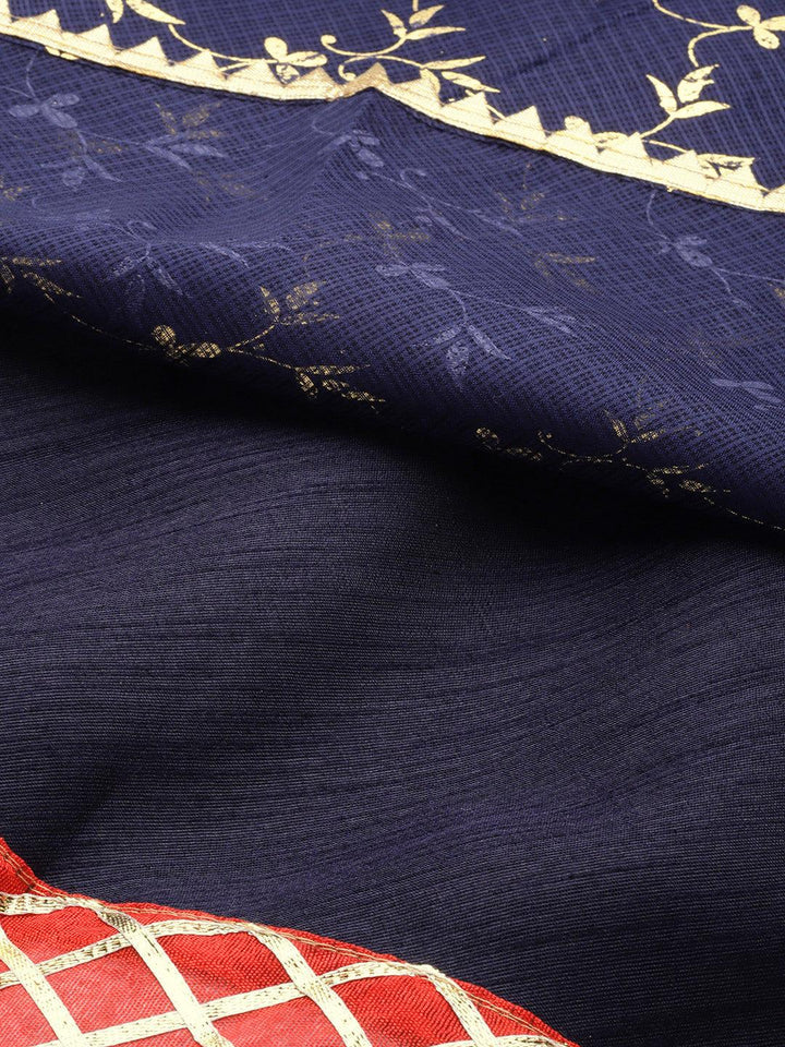 Navy Blue Stitched Handcrafted Kota Silk Lehenga With Red Bandhani Dupatta - Geroo Jaipur