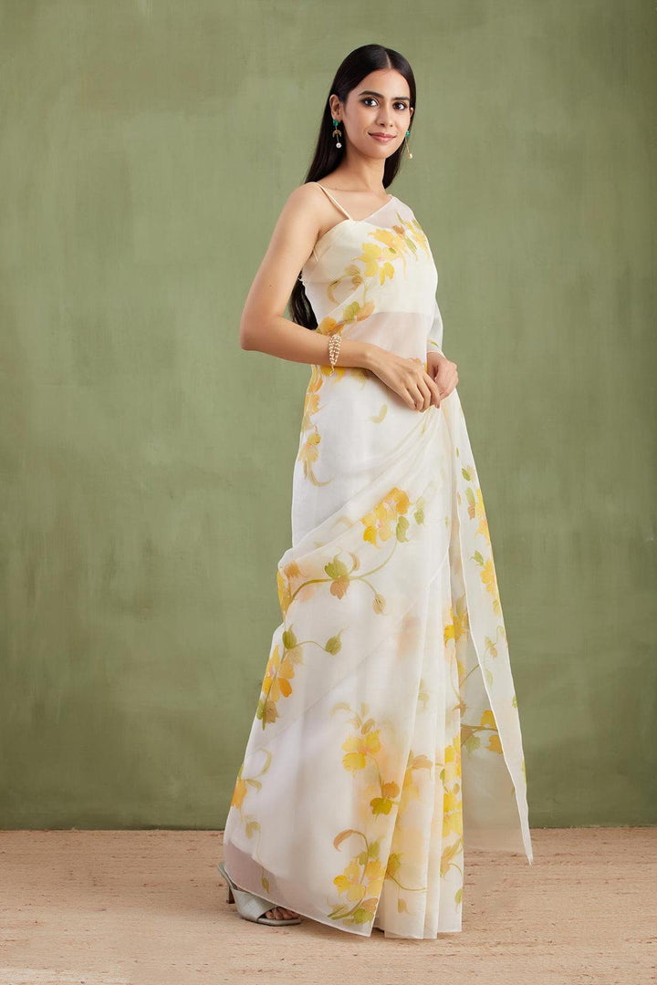 Off-White Hand Painted Organza Saree - Geroo Jaipur