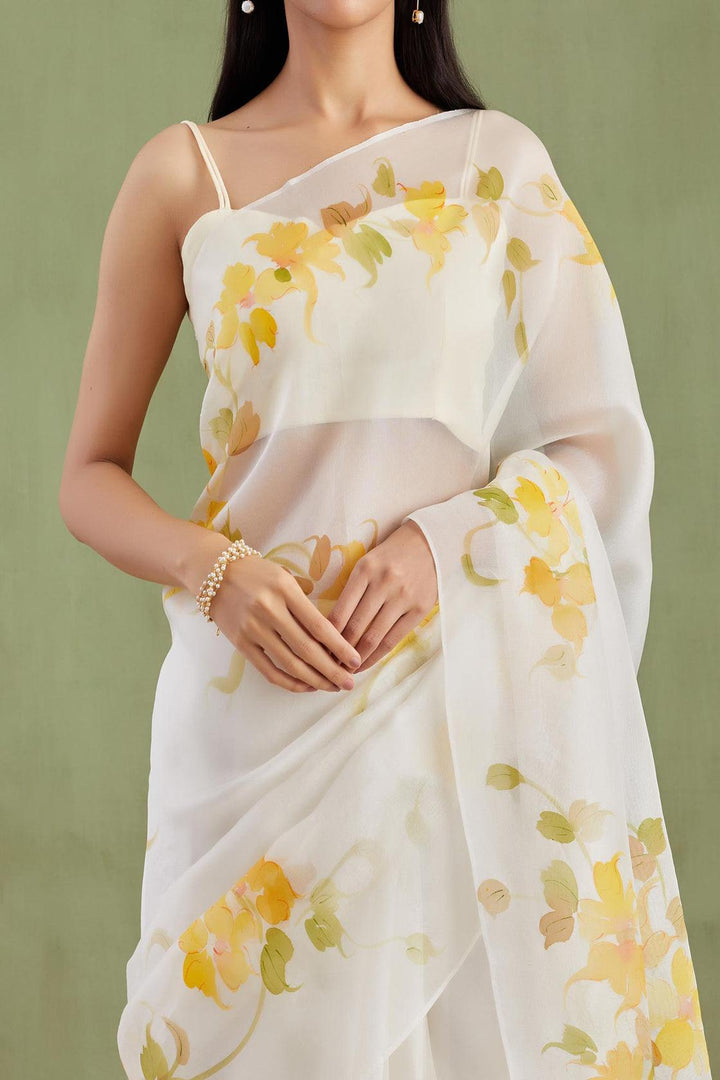 Off-White Hand Painted Organza Saree - Geroo Jaipur