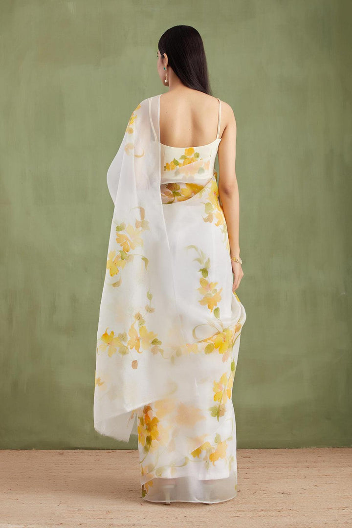 Off-White Hand Painted Organza Saree - Geroo Jaipur