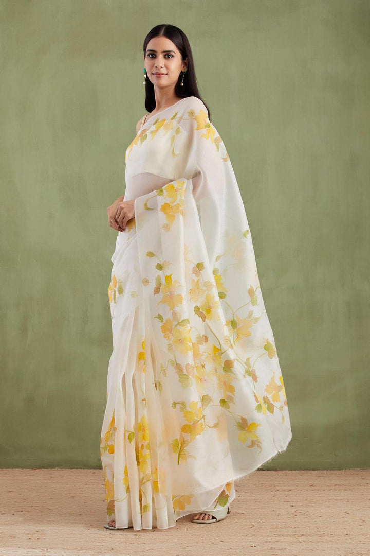 Off-White Hand Painted Organza Saree - Geroo Jaipur