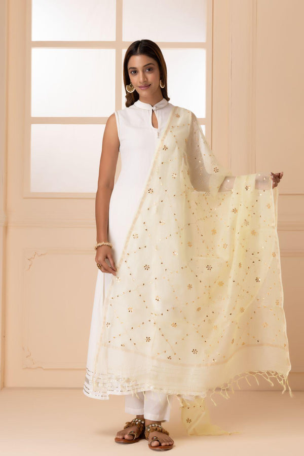 Off White Handcrafted Gota Patti Pure Kota Silk Dupatta - Geroo Jaipur