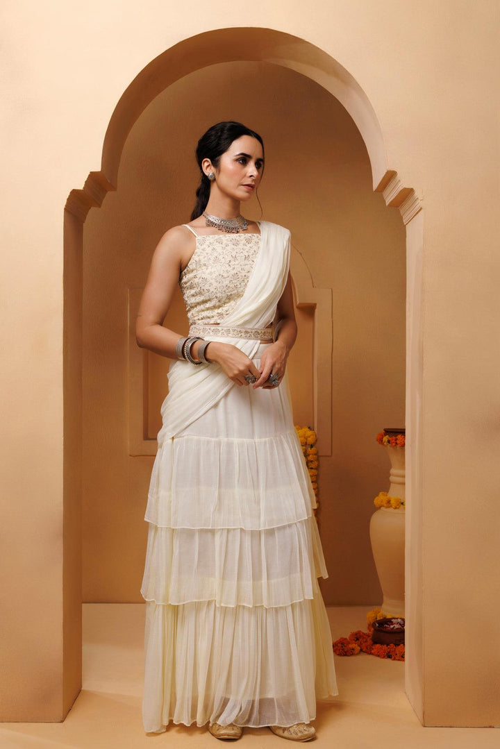 Off White Ready To Wear Ruffled Chiffon Saree with Stitched Blouse - Geroo Jaipur