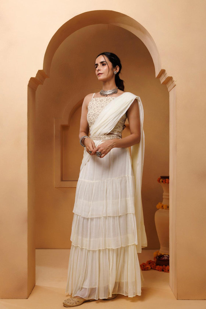 Off White Ready To Wear Ruffled Chiffon Saree with Stitched Blouse - Geroo Jaipur