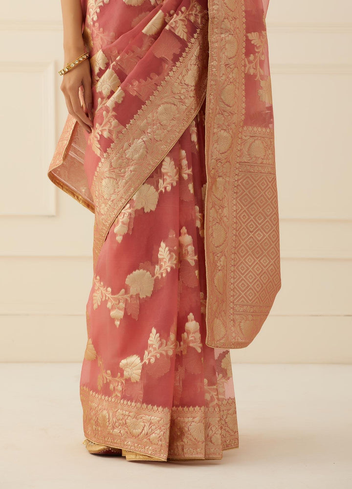 Onion Pink Hand Woven Floral Zari Organza Banarasi Saree - Geroo Jaipur