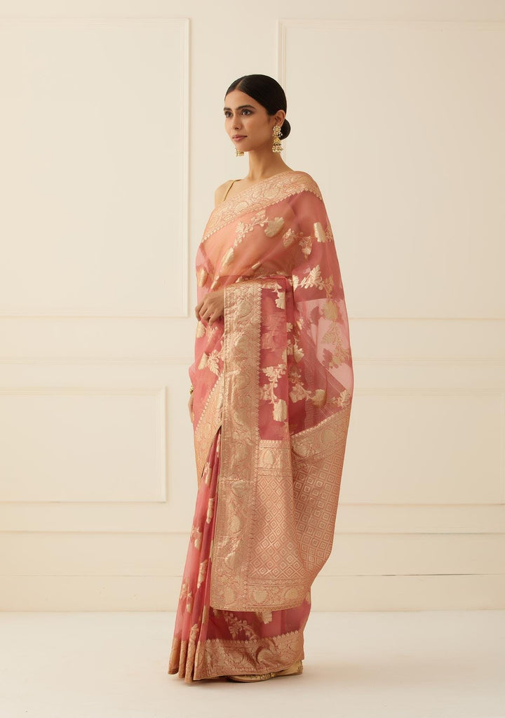 Onion Pink Hand Woven Floral Zari Organza Banarasi Saree - Geroo Jaipur