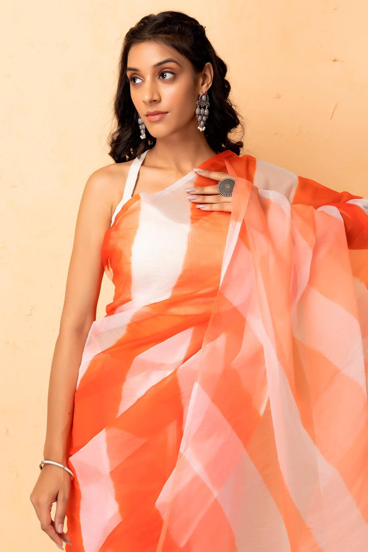 Orange & White Shaded Organza Hand Dyed Leheriya Saree With Tassels - Geroo Jaipur