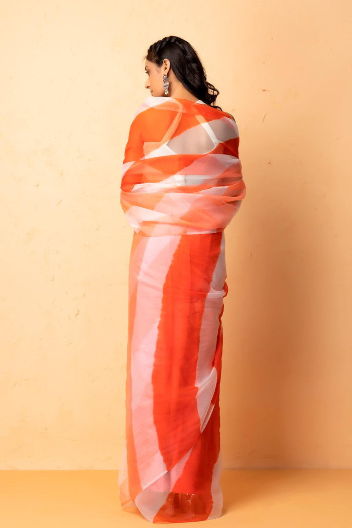 Orange & White Shaded Organza Hand Dyed Leheriya Saree With Tassels - Geroo Jaipur