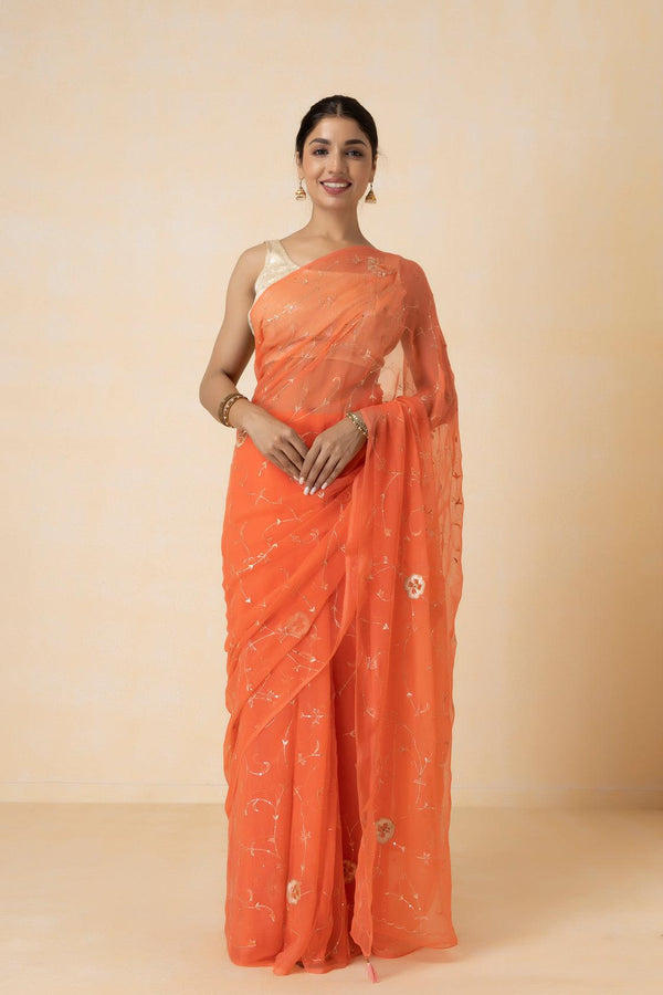 Orange Hand Embroidered Aari Work Chiffon Saree - Geroo Jaipur