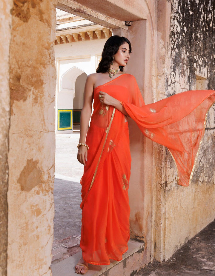 Orange Hand embroidered aari work chiffon saree - Geroo Jaipur