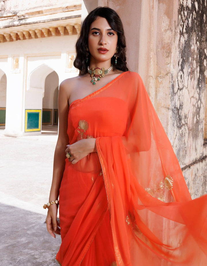 Orange Hand embroidered aari work chiffon saree - Geroo Jaipur