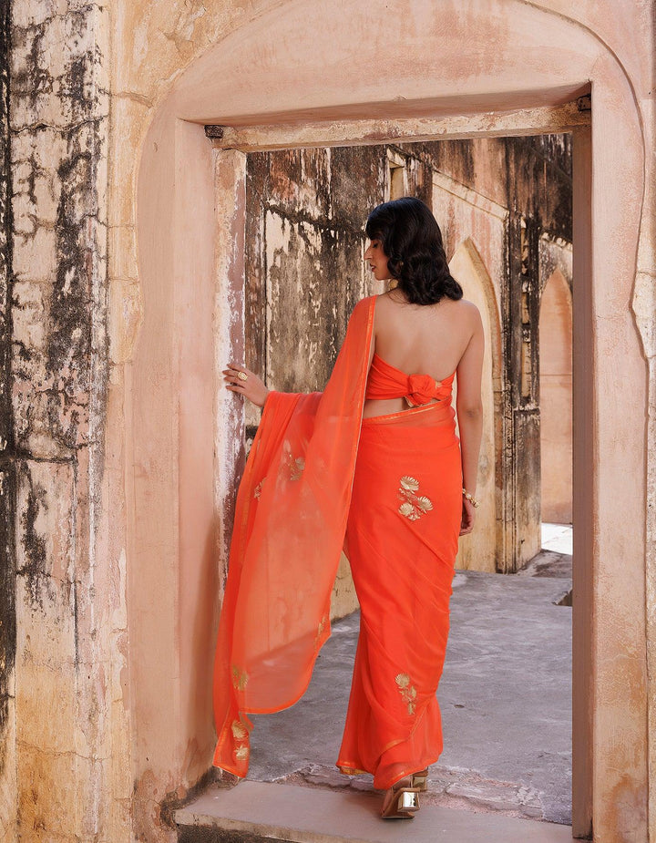 Orange Hand embroidered aari work chiffon saree - Geroo Jaipur