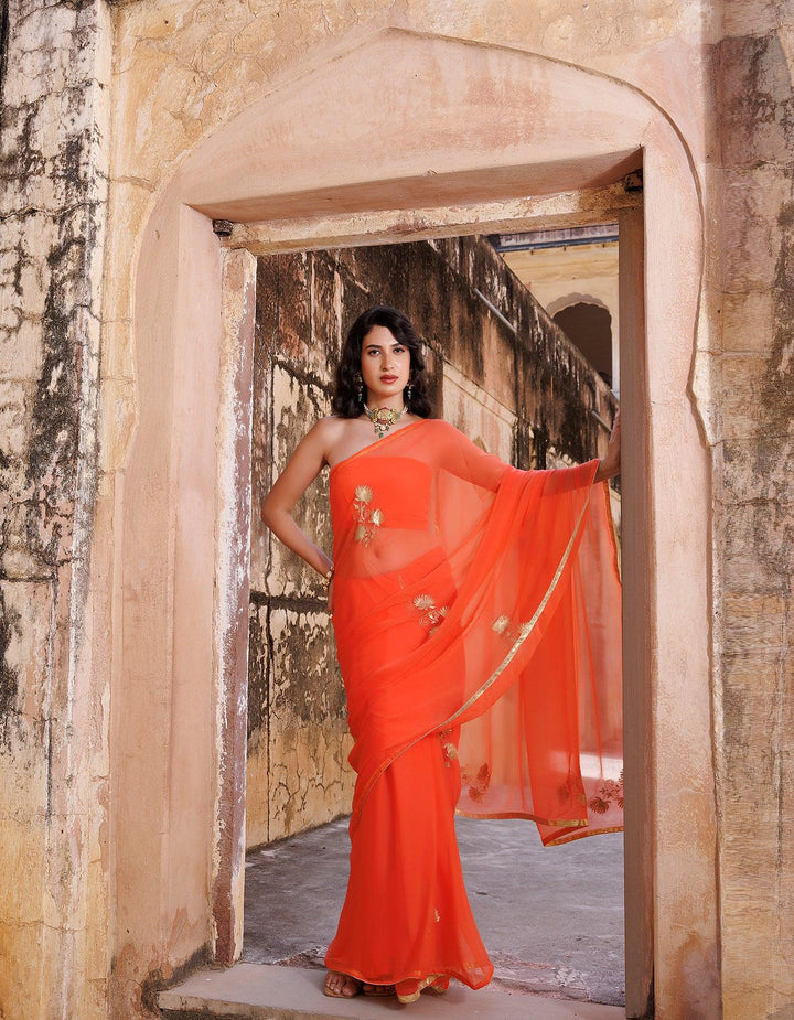 Orange Hand embroidered aari work chiffon saree - Geroo Jaipur