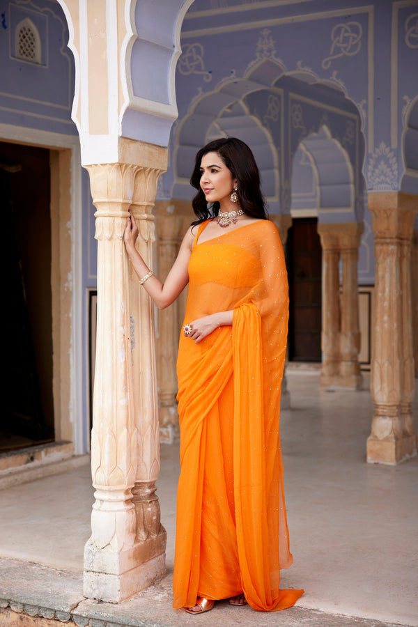 Orange Hand Embroidered Mukaish Chiffon Saree - Geroo Jaipur