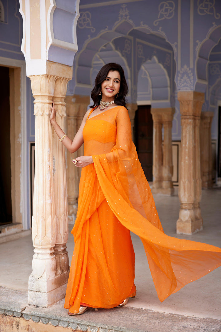 Orange Hand Embroidered Mukaish Chiffon Saree - Geroo Jaipur