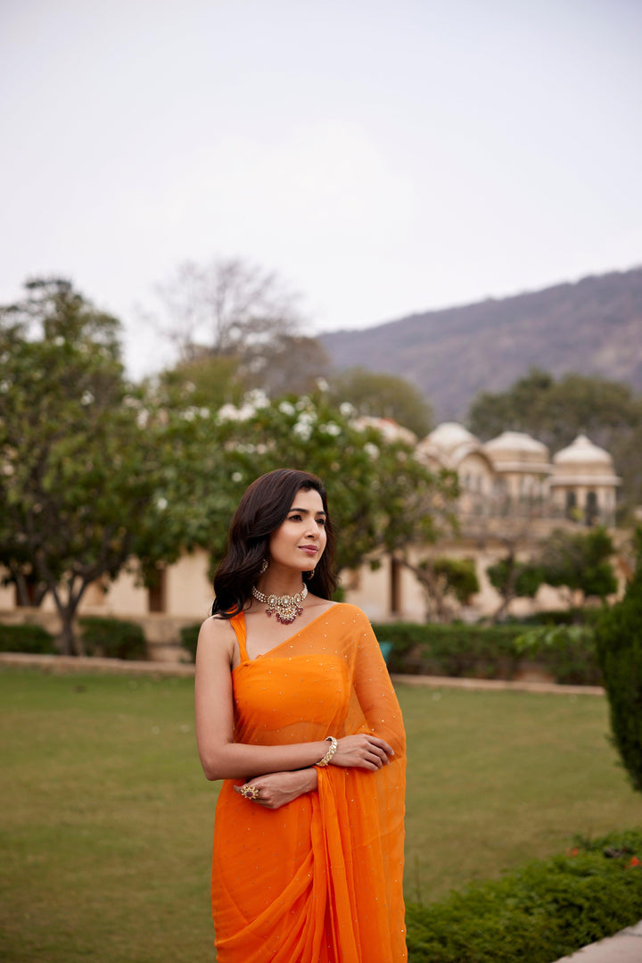 Orange Hand Embroidered Mukaish Chiffon Saree - Geroo Jaipur