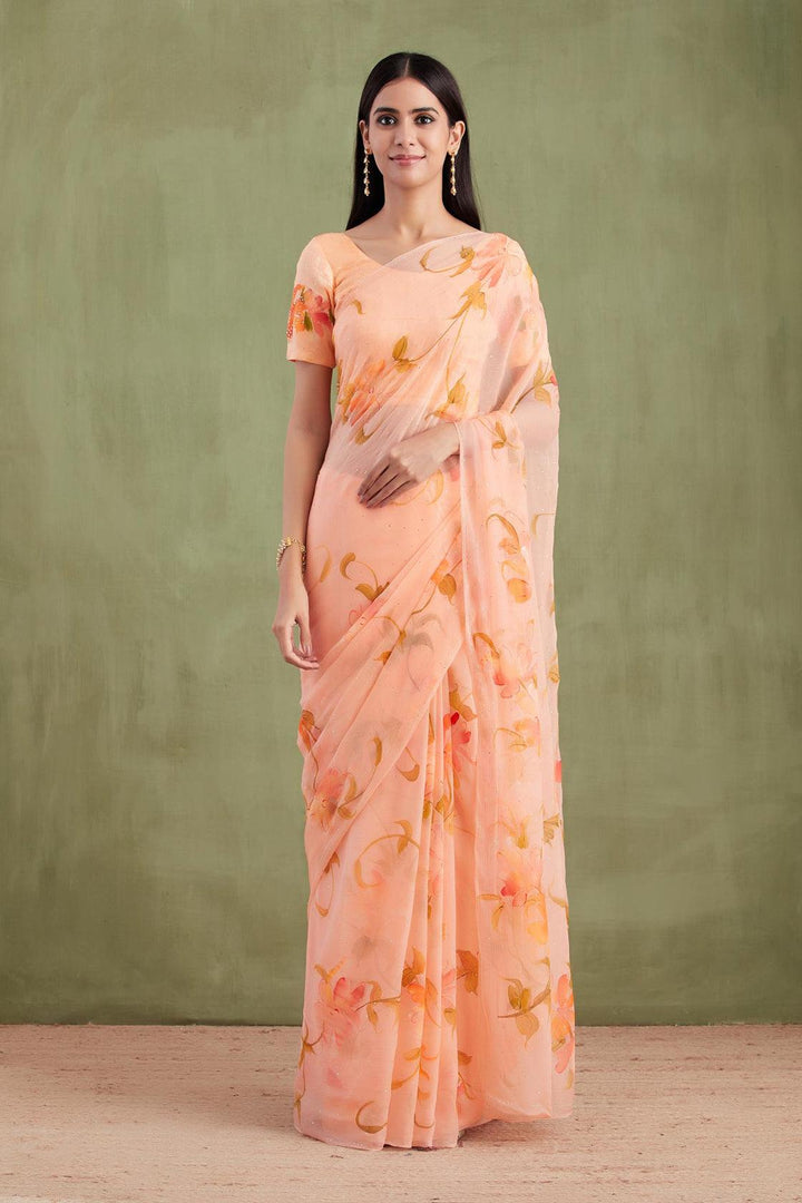 Orange Hand Painted Mukaish Chiffon Saree - Geroo Jaipur