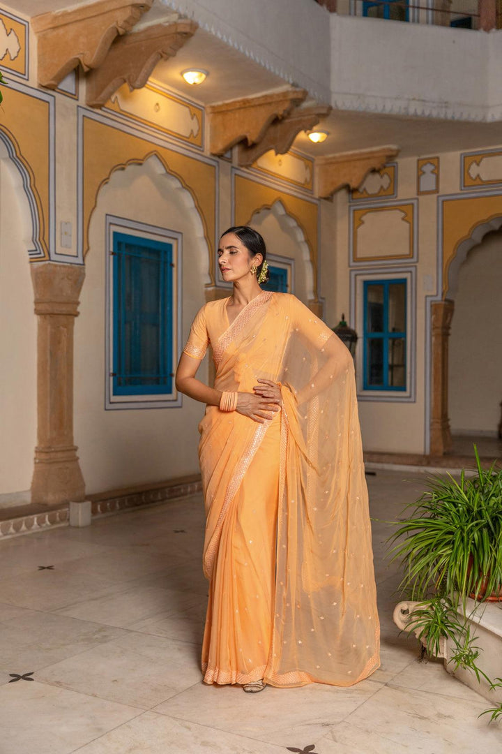 Orange Handcrafted Mirror Work Chiffon Saree - Geroo Jaipur