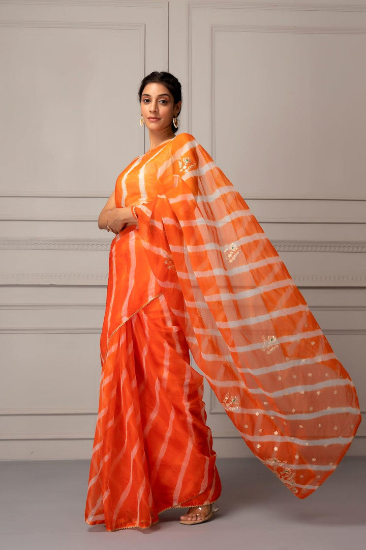 Orange Organza Handcrafted Pittan Leheriya Saree - Geroo Jaipur