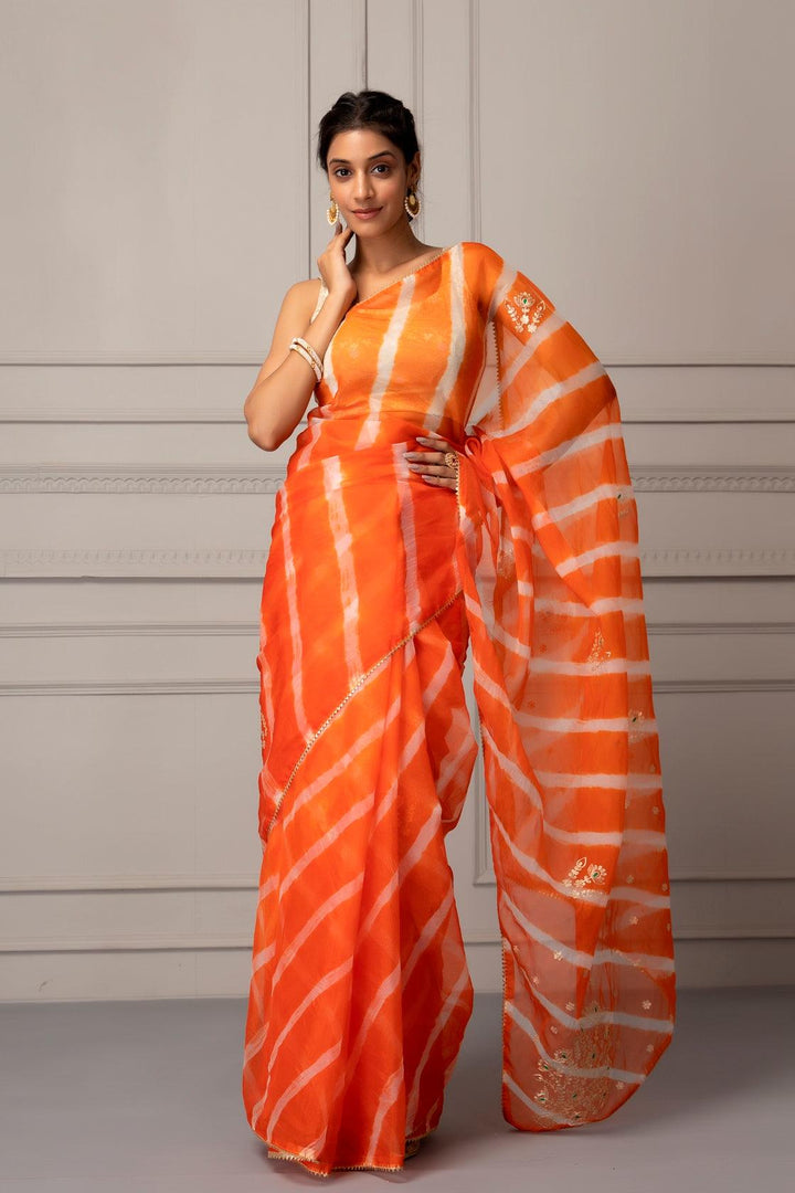 Orange Organza Handcrafted Pittan Leheriya Saree - Geroo Jaipur