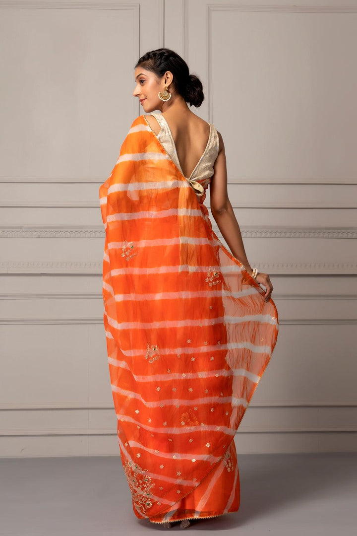 Orange Organza Handcrafted Pittan Leheriya Saree - Geroo Jaipur