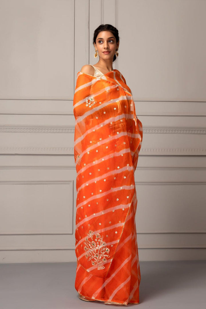 Orange Organza Handcrafted Pittan Leheriya Saree - Geroo Jaipur