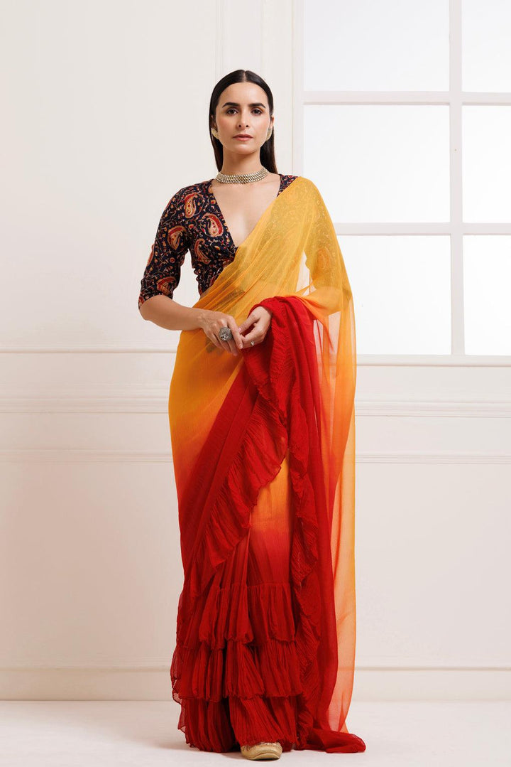 Orange-Red Pre-Draped Ombre Chiffon Saree - Geroo Jaipur