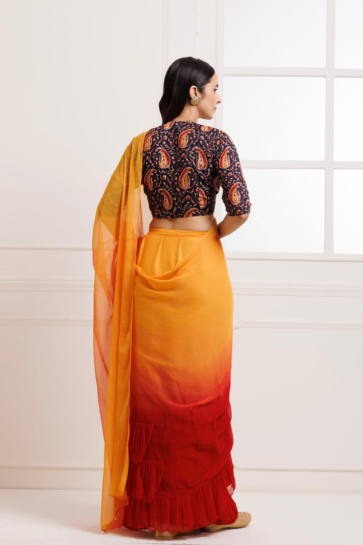 Orange-Red Pre-Draped Ombre Chiffon Saree - Geroo Jaipur