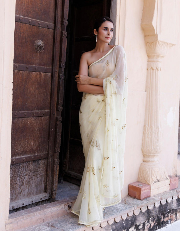 Pale Yellow Hand Embroidered Resham-Tube Chiffon Saree - Geroo Jaipur